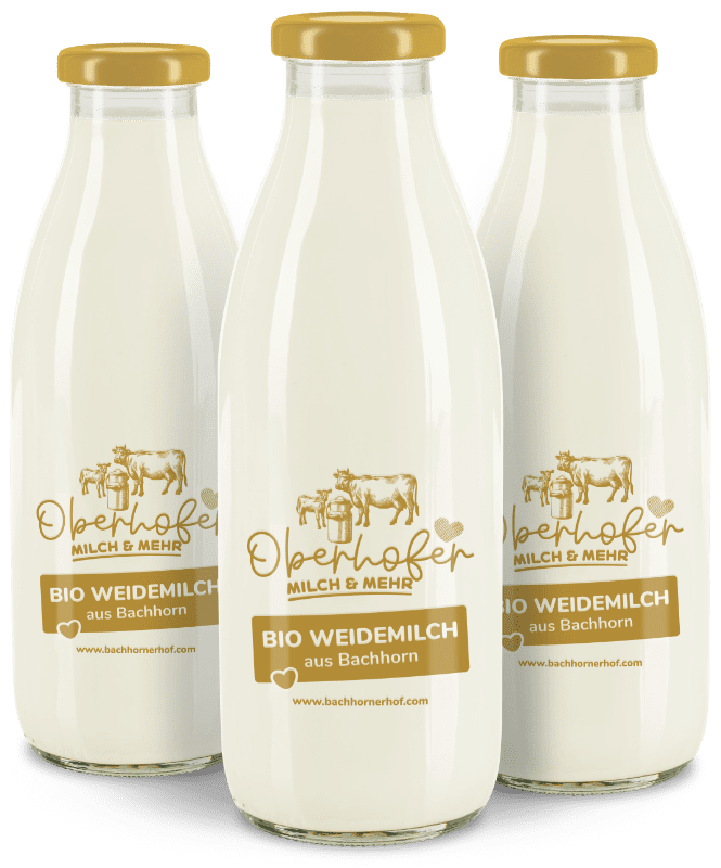 Köstliche Oberhofer Milch, abgefüllt in Glasflaschen.